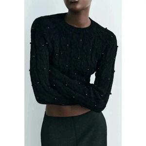 ZARA Women’s Large Black Knit Sweater With Faux‎ Pearls